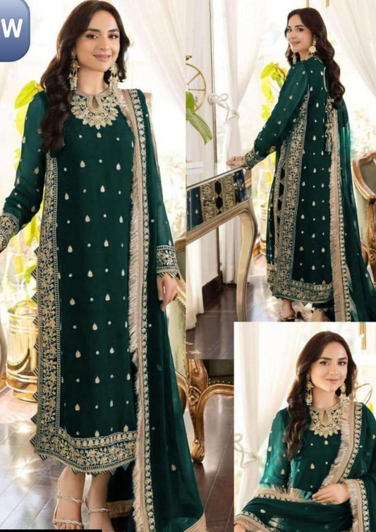 3 Pcs Women's Stitched Crinkle Chiffon Embroidered Suit